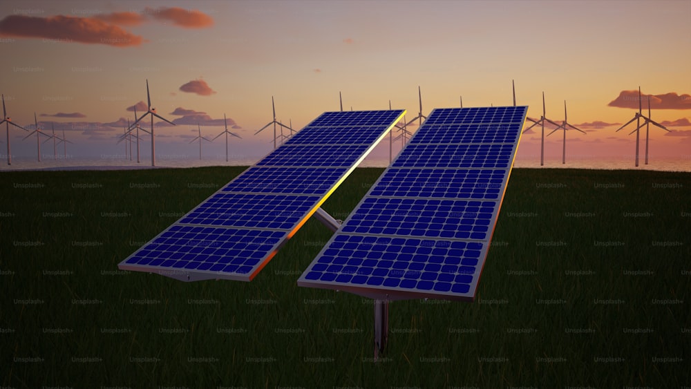 un panneau solaire dans un champ avec des éoliennes en arrière-plan