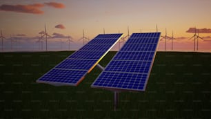 a solar panel in a field with windmills in the background