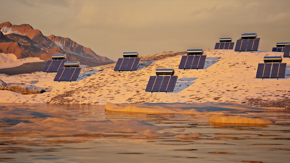 a bunch of solar panels sitting on top of a snow covered hill