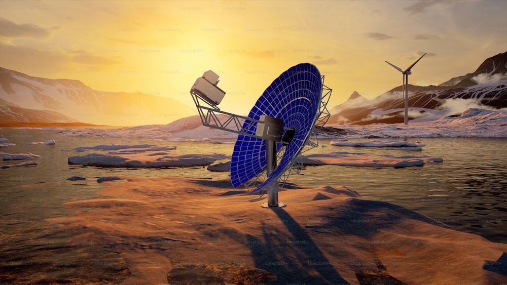 a satellite dish sitting on top of a sandy beach