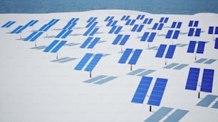 Una fila di pannelli solari blu seduti sopra il terreno coperto di neve