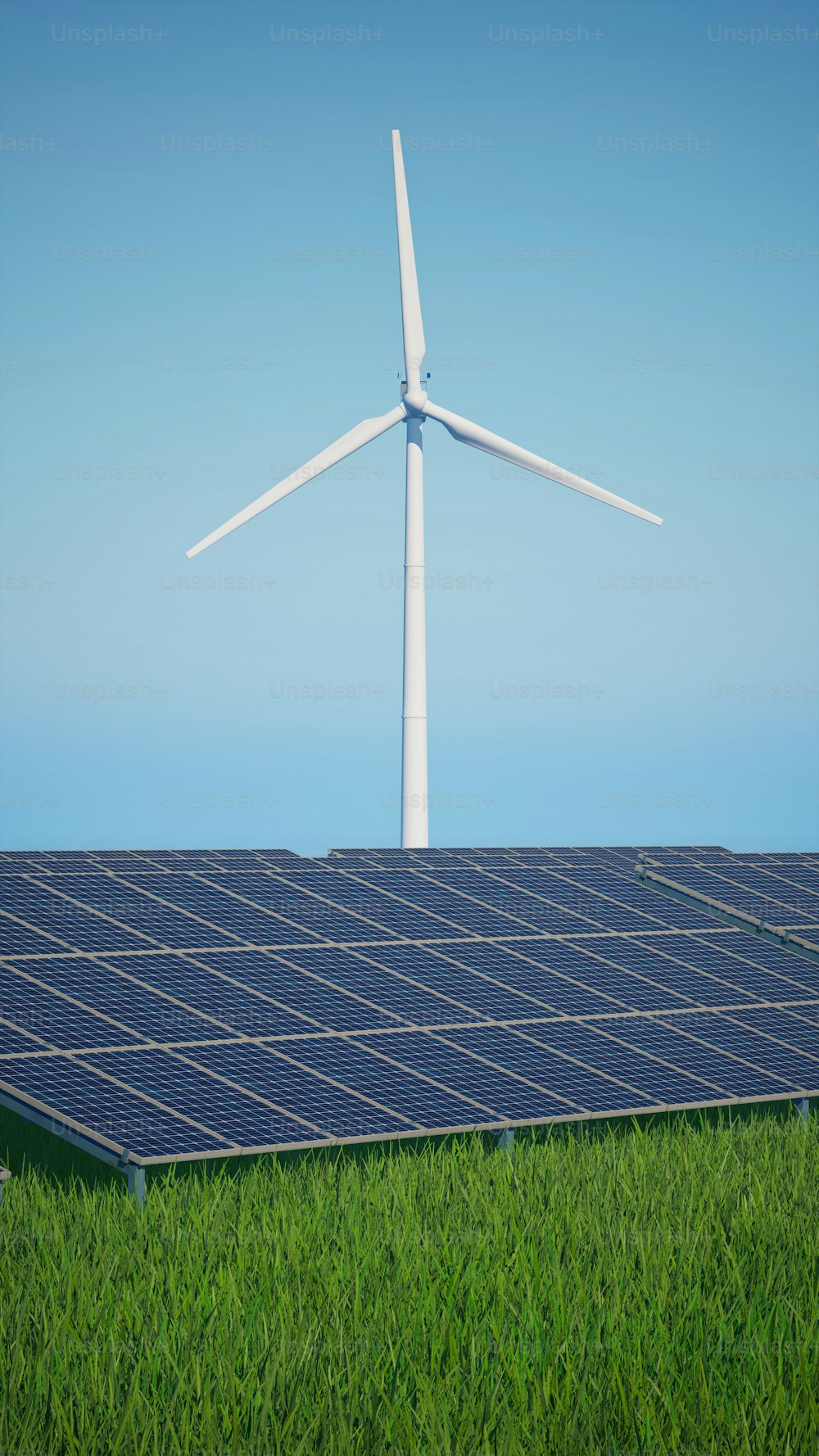 a solar panel and wind turbine on a sunny day