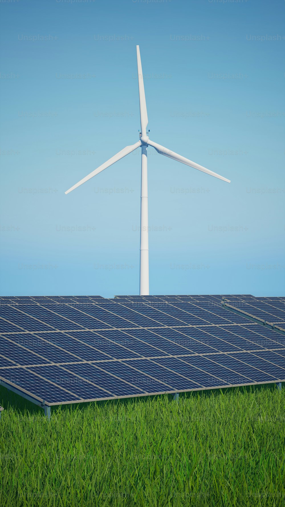 Un panel solar y una turbina eólica en un día soleado