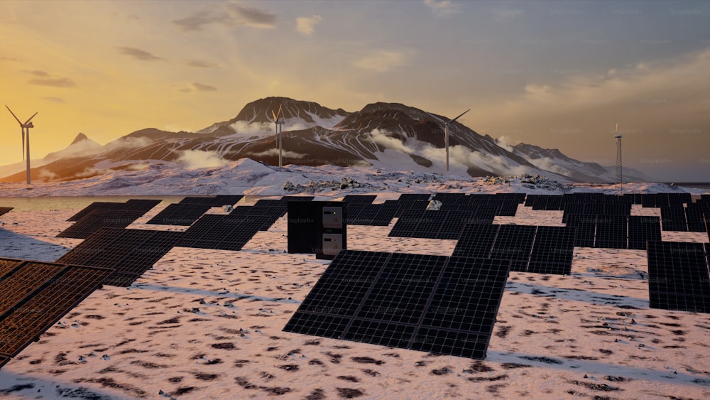 un groupe de panneaux solaires assis au sommet d’un champ enneigé