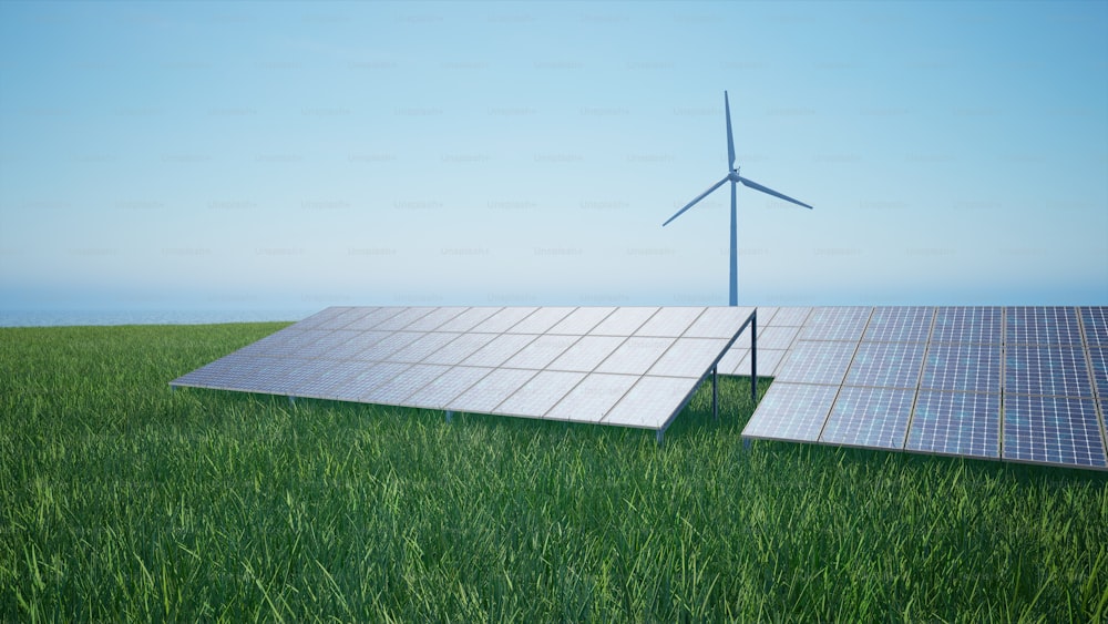 a solar panel with a wind turbine in the background