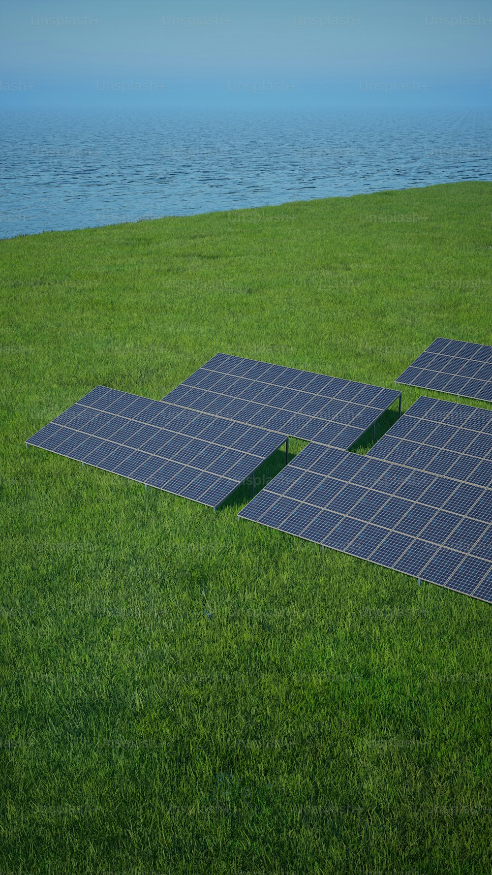 two rows of solar panels in a grassy field