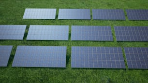 Un gruppo di pannelli solari che si posano su un rigoglioso campo verde