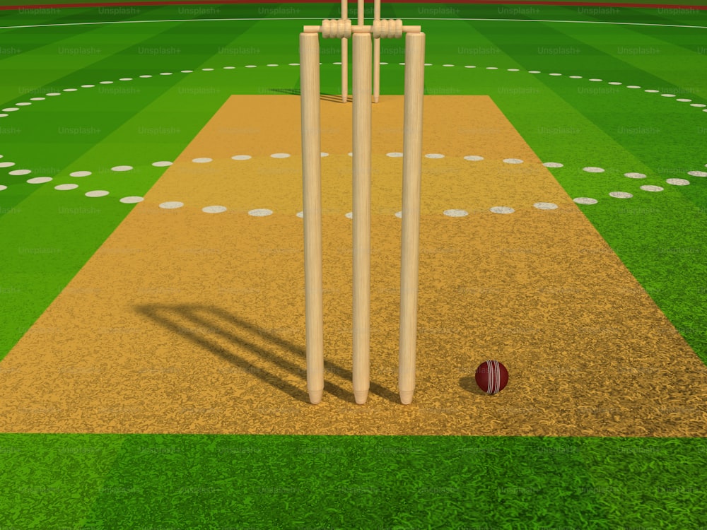 Ein 3D-Bild eines Cricketfeldes mit einem Ball auf dem Boden