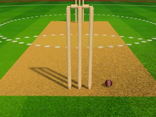 Un'immagine 3D di un campo da cricket con una palla a terra