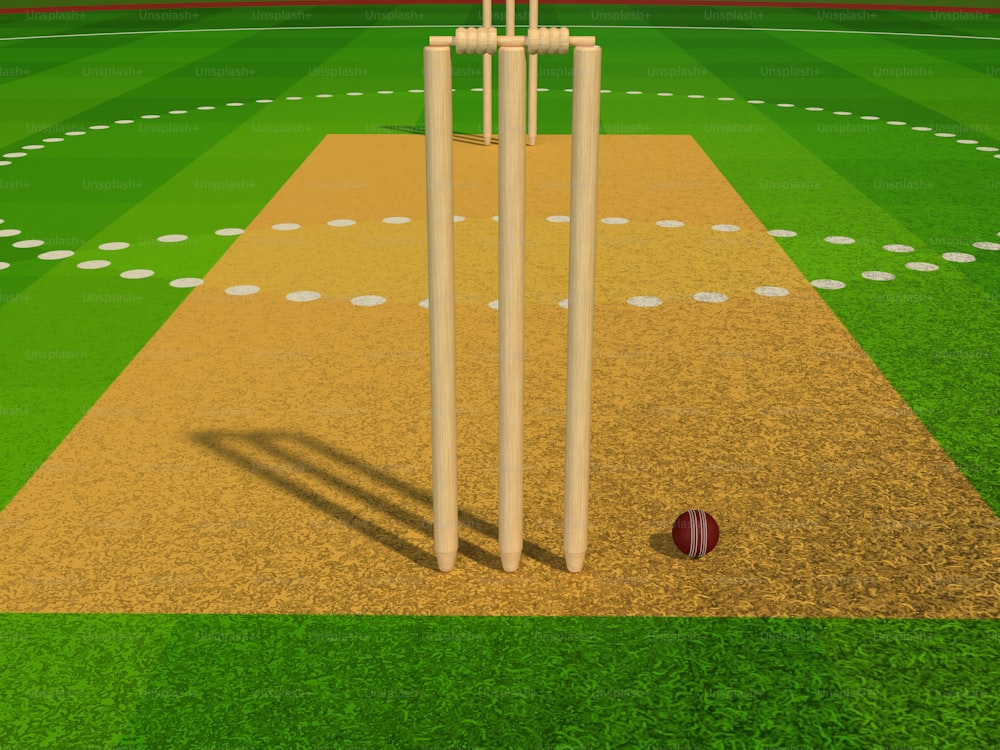 a 3d image of a cricket field with a ball on the ground