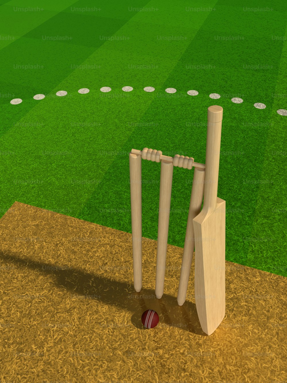 Ein 3D-Bild eines Cricketfeldes mit einem Schläger und einem Ball