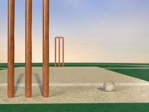 Un'immagine 3D di un campo da cricket con una palla e mazze