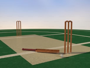 a baseball bat and a ball on a field