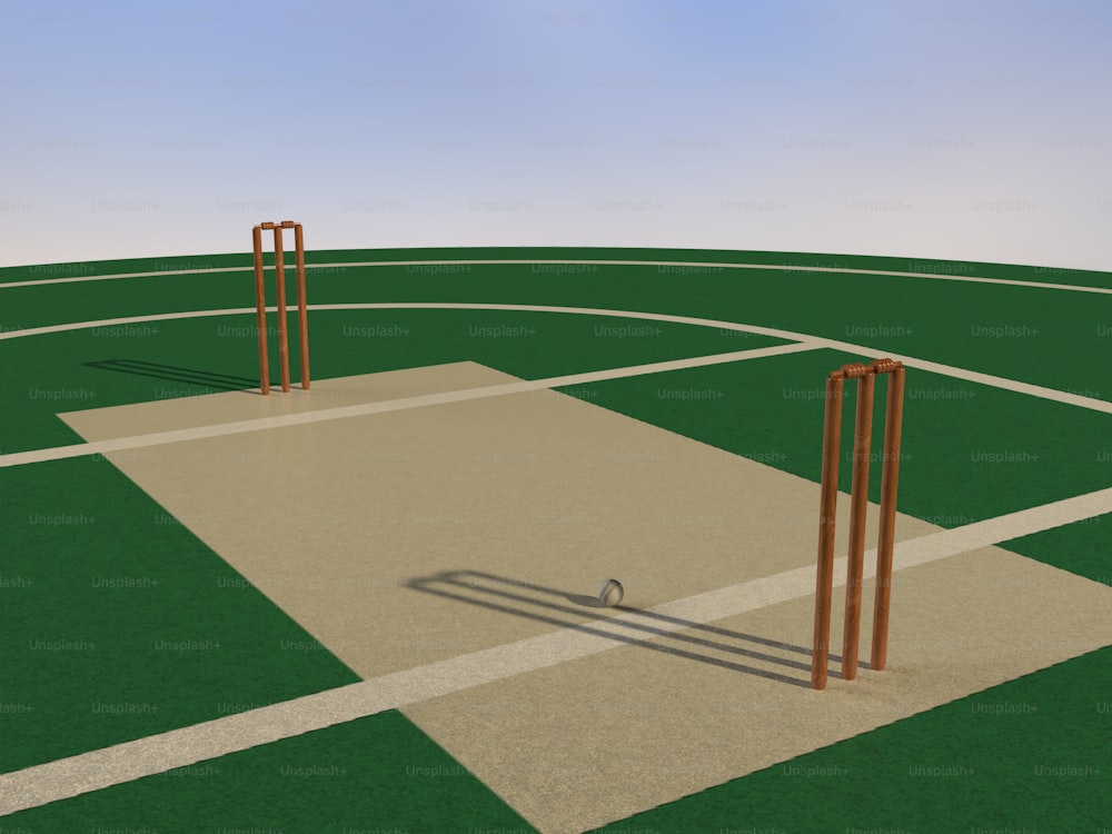 Un'immagine 3D di un campo da baseball con una palla nella scatola del battitore