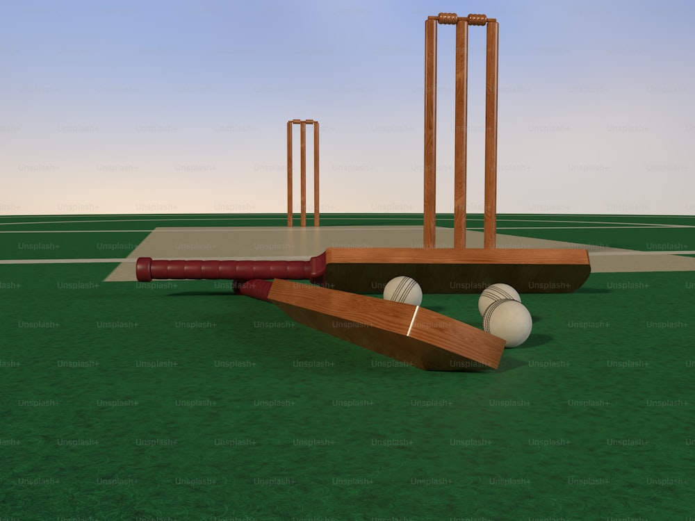 a 3d image of a cricket field with a bat and ball