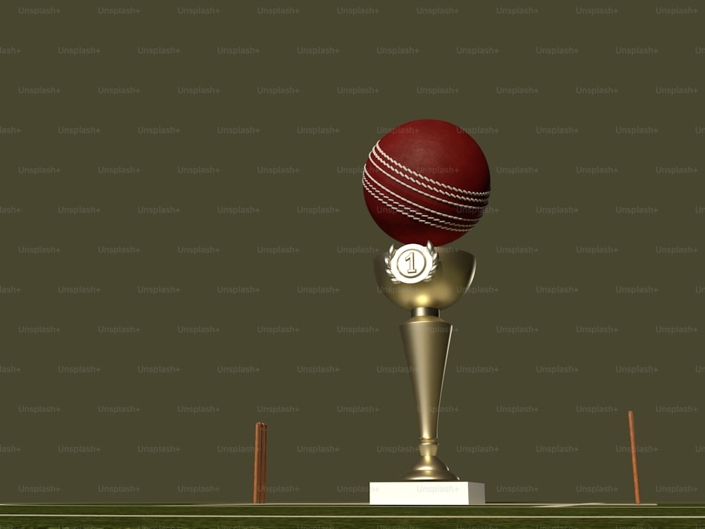 a red and white ball sitting on top of a trophy