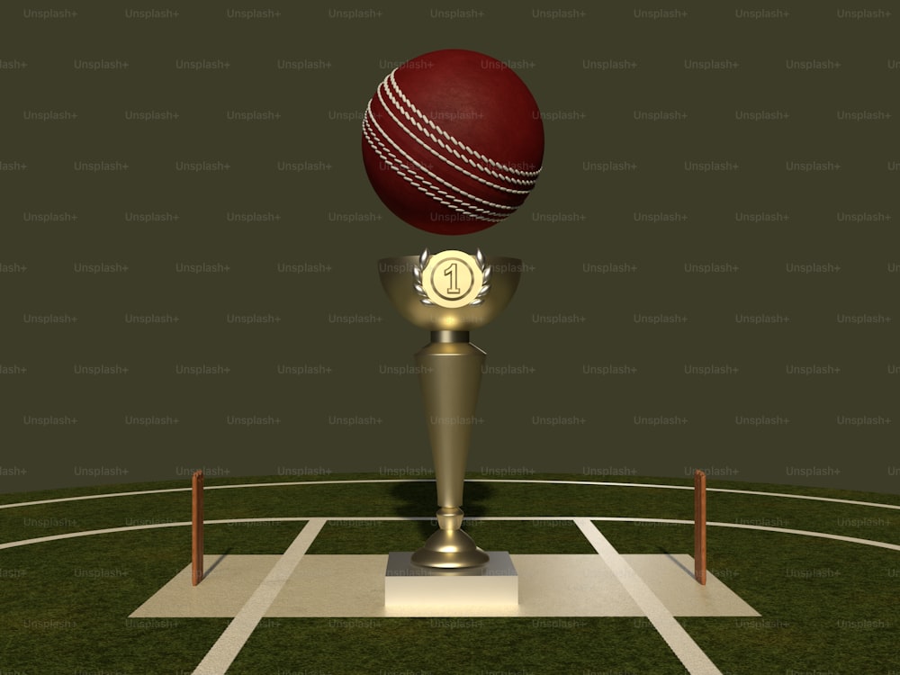 a golden trophy with a red ball on top of it