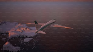 an airplane is flying over some icebergs in the water