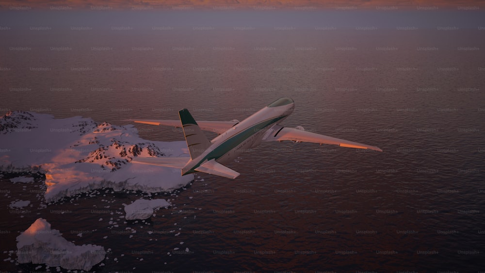 비행기가 물 속의 빙산 위를 날고 있습니다.