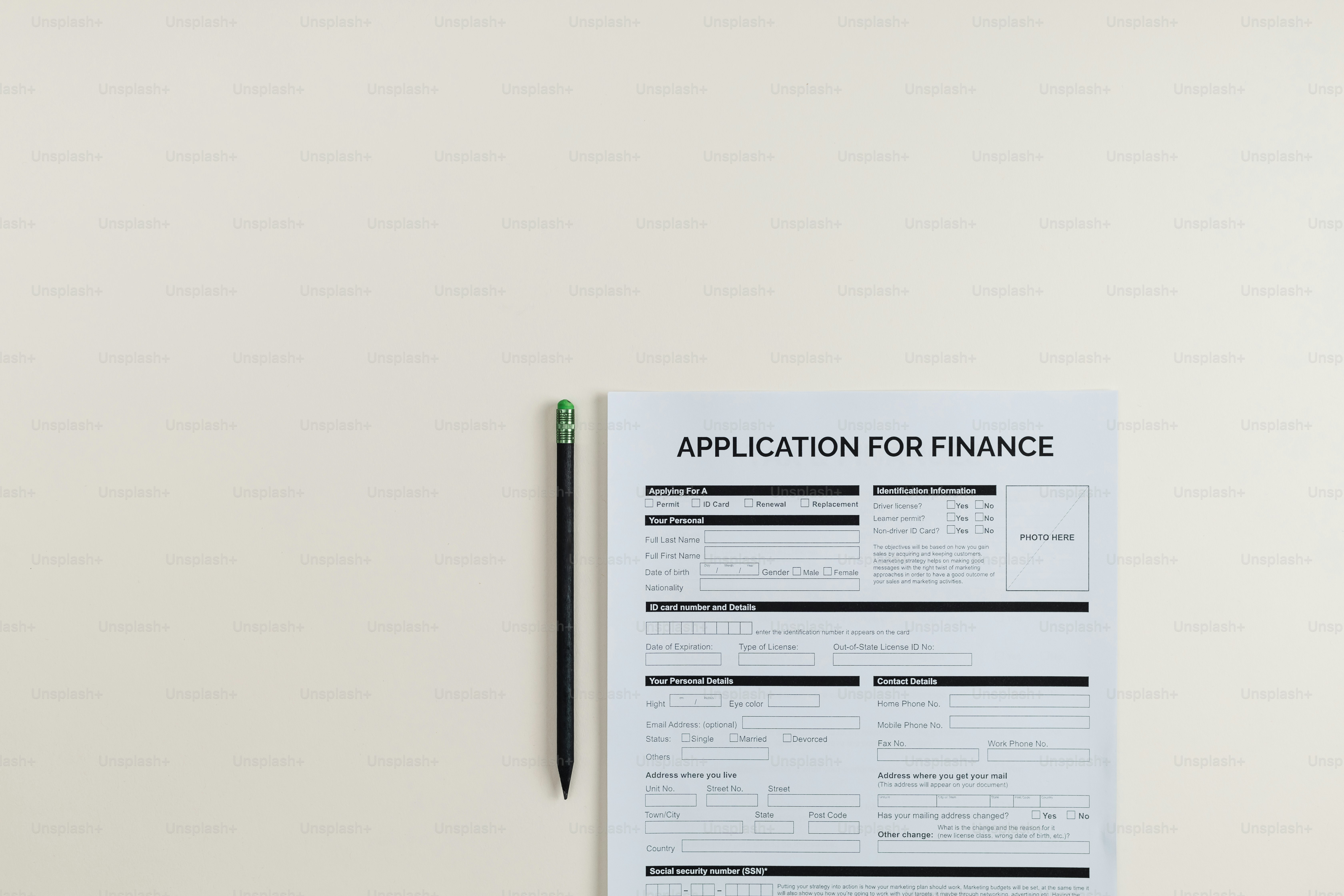 a piece of paper with a application for finance on it
