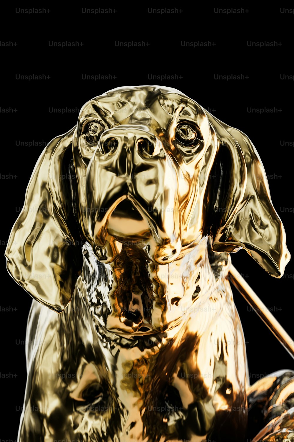 a golden dog statue with a black background