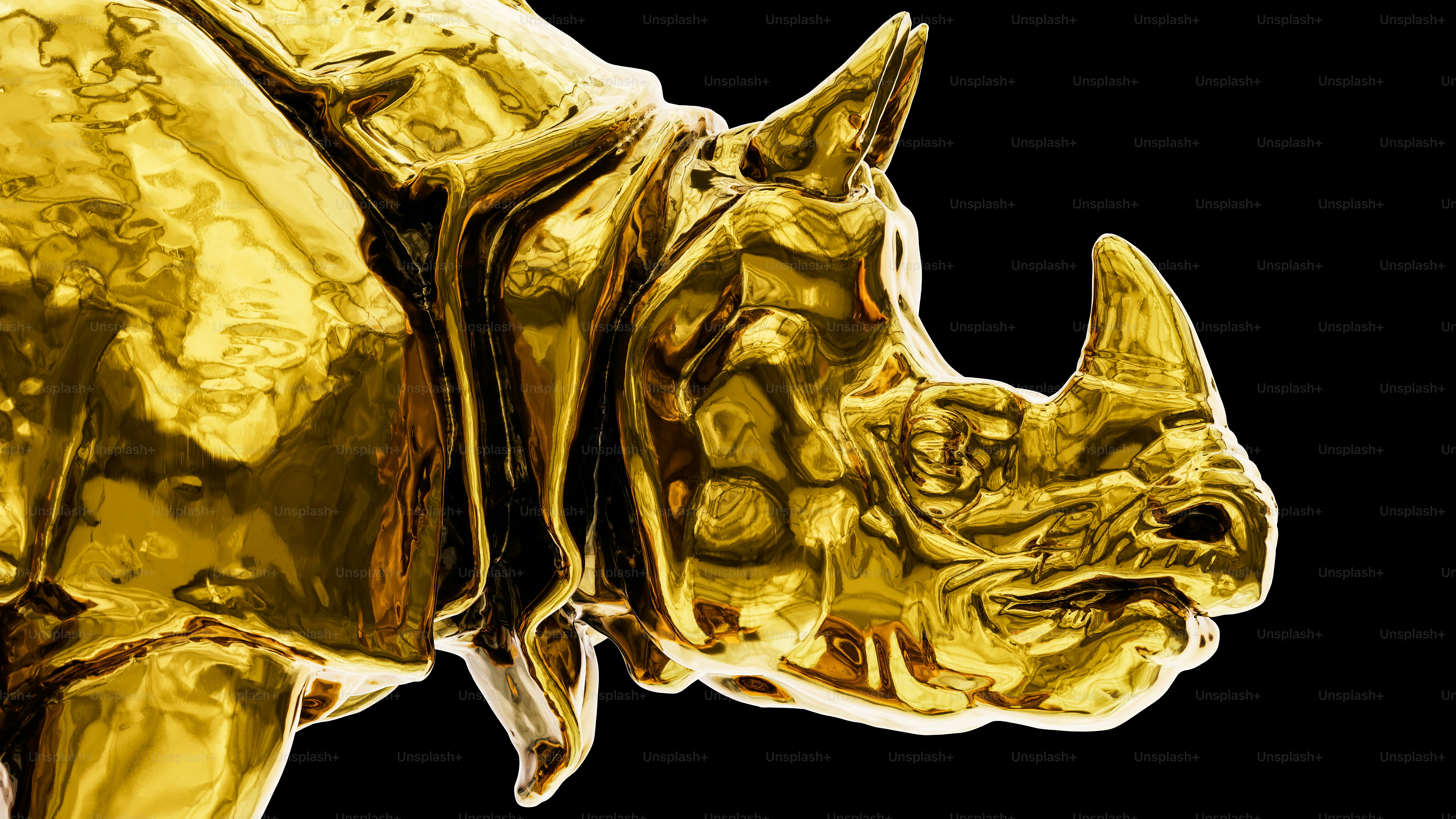 Golden rhinoceros statue in 8k resolution.