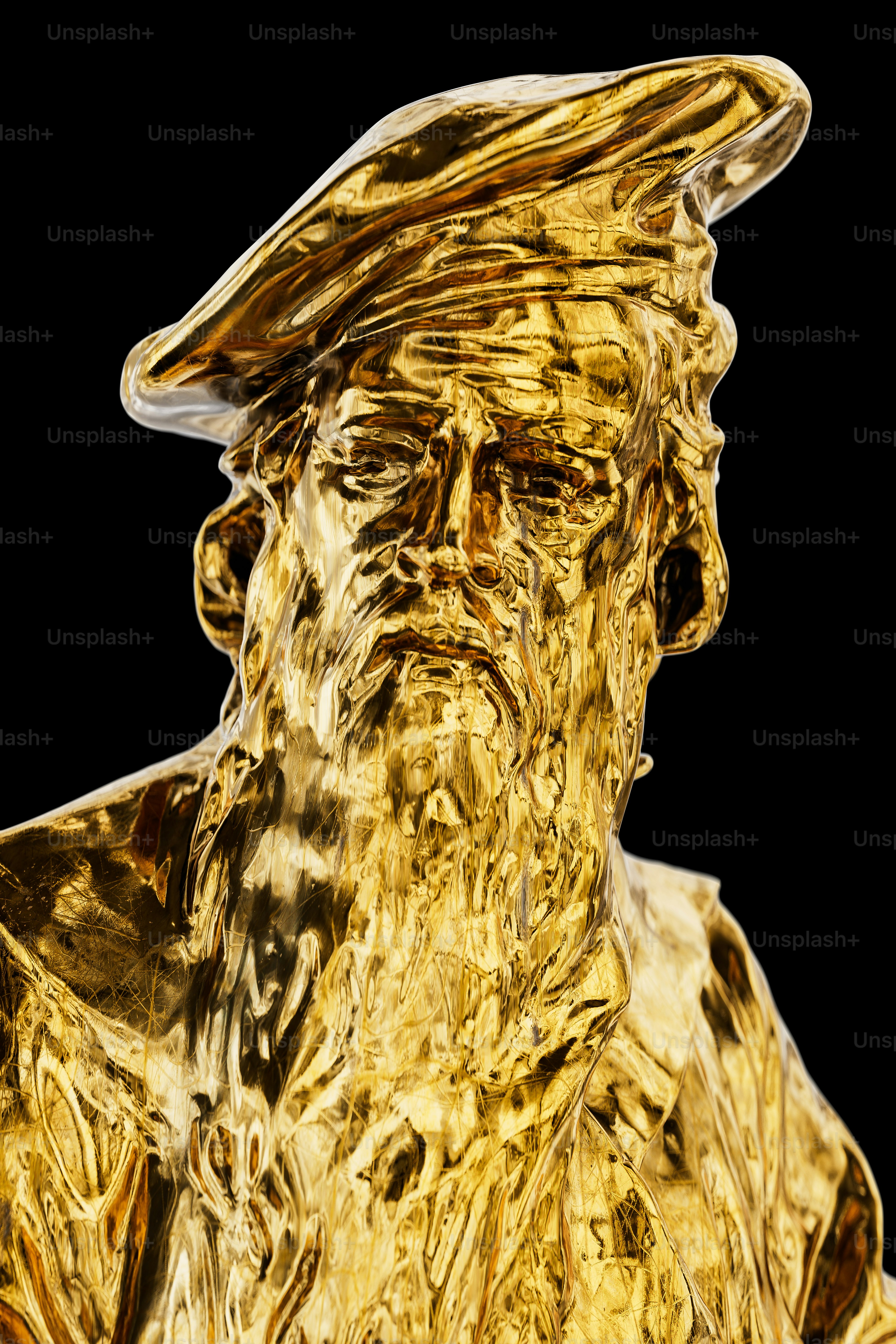 eine goldene Statue eines Mannes mit einem Hut auf dem Kopf
