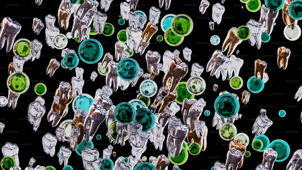a group of green and silver objects on a black background