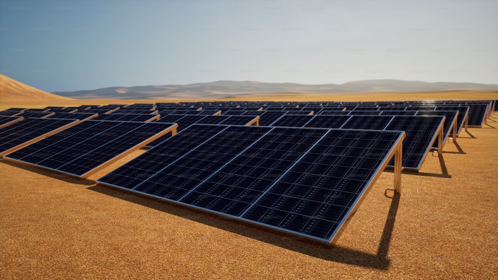 Eine Reihe von Sonnenkollektoren in der Wüste