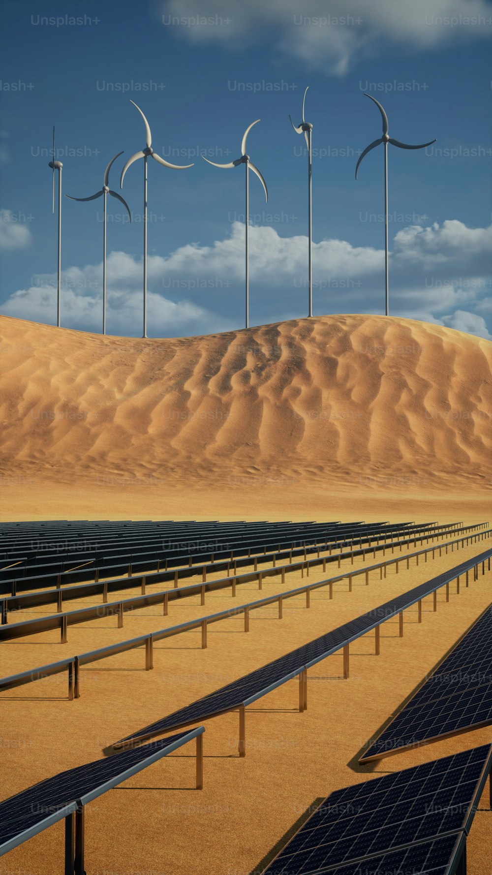 rows of solar panels in a desert with wind turbines