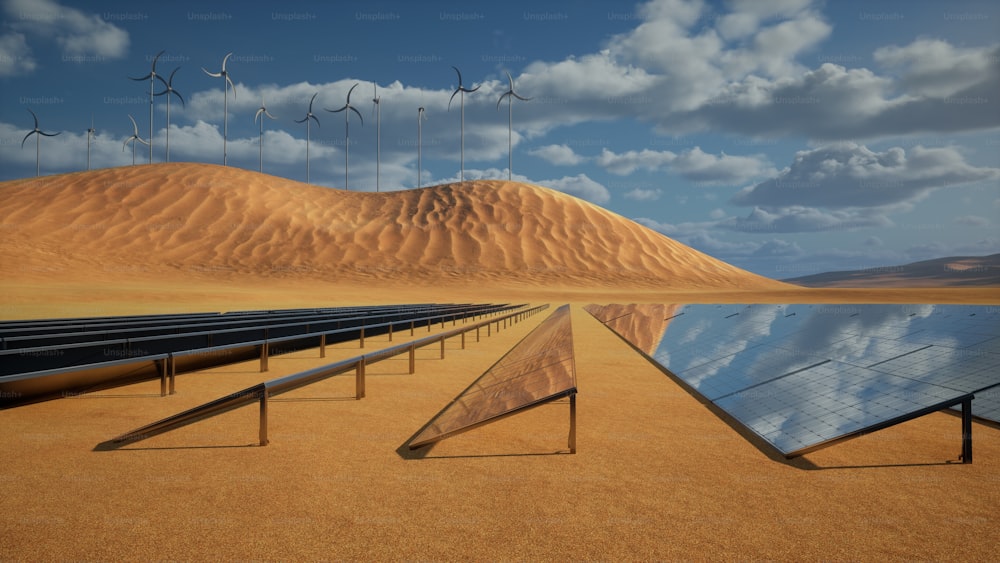 Una fila di pannelli solari seduti nel mezzo di un deserto