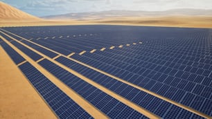 a large array of solar panels in a desert