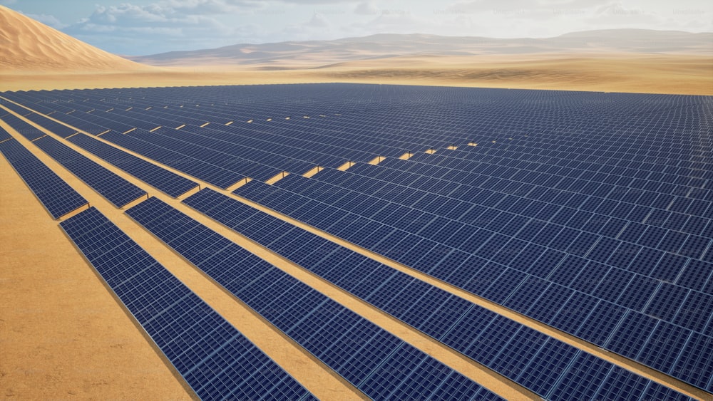 a large array of solar panels in a desert