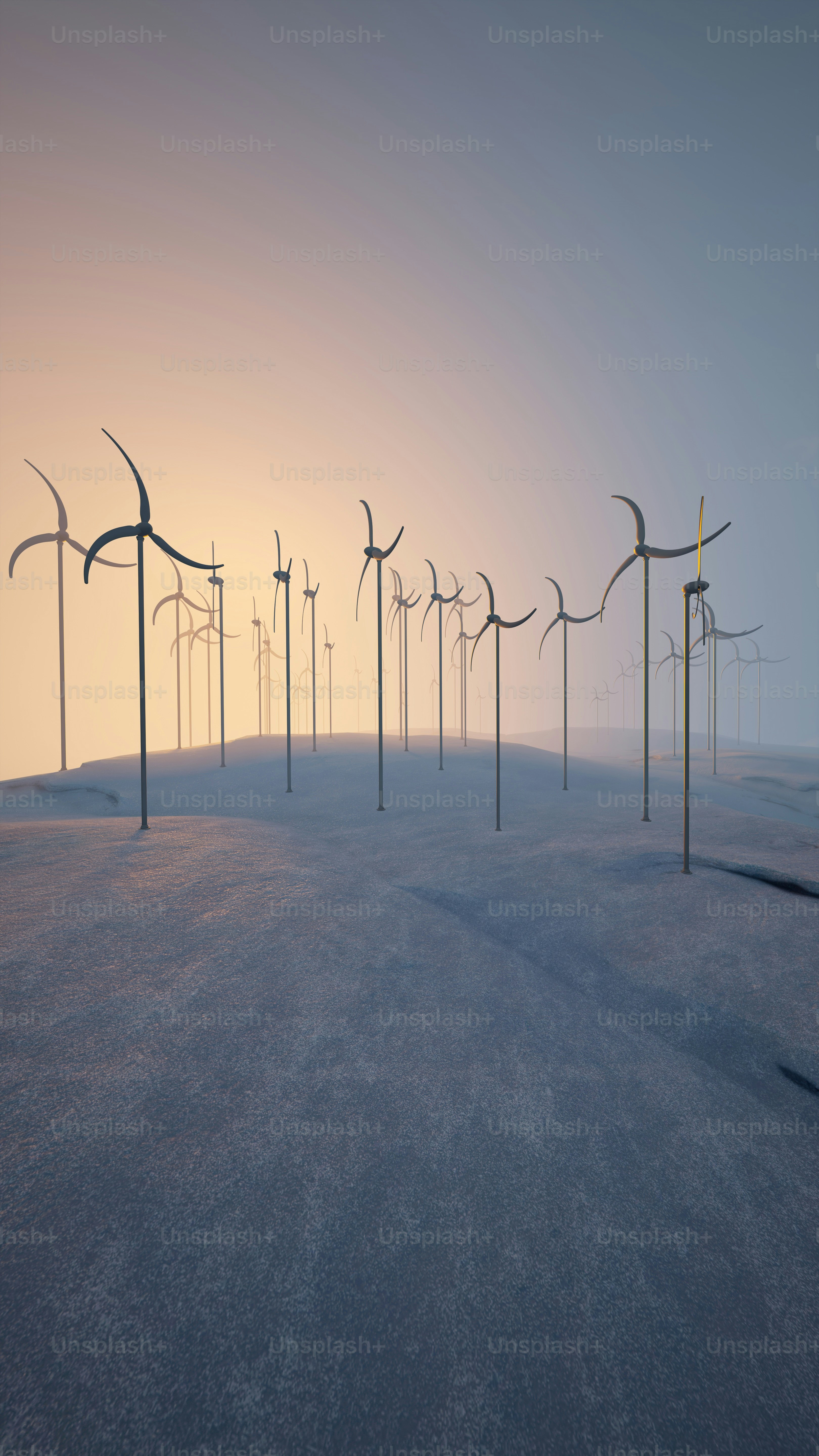 a row of wind mills in a foggy field