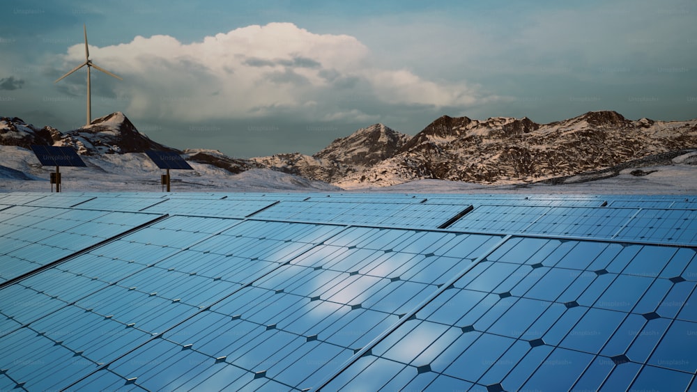 a solar panel with mountains in the background