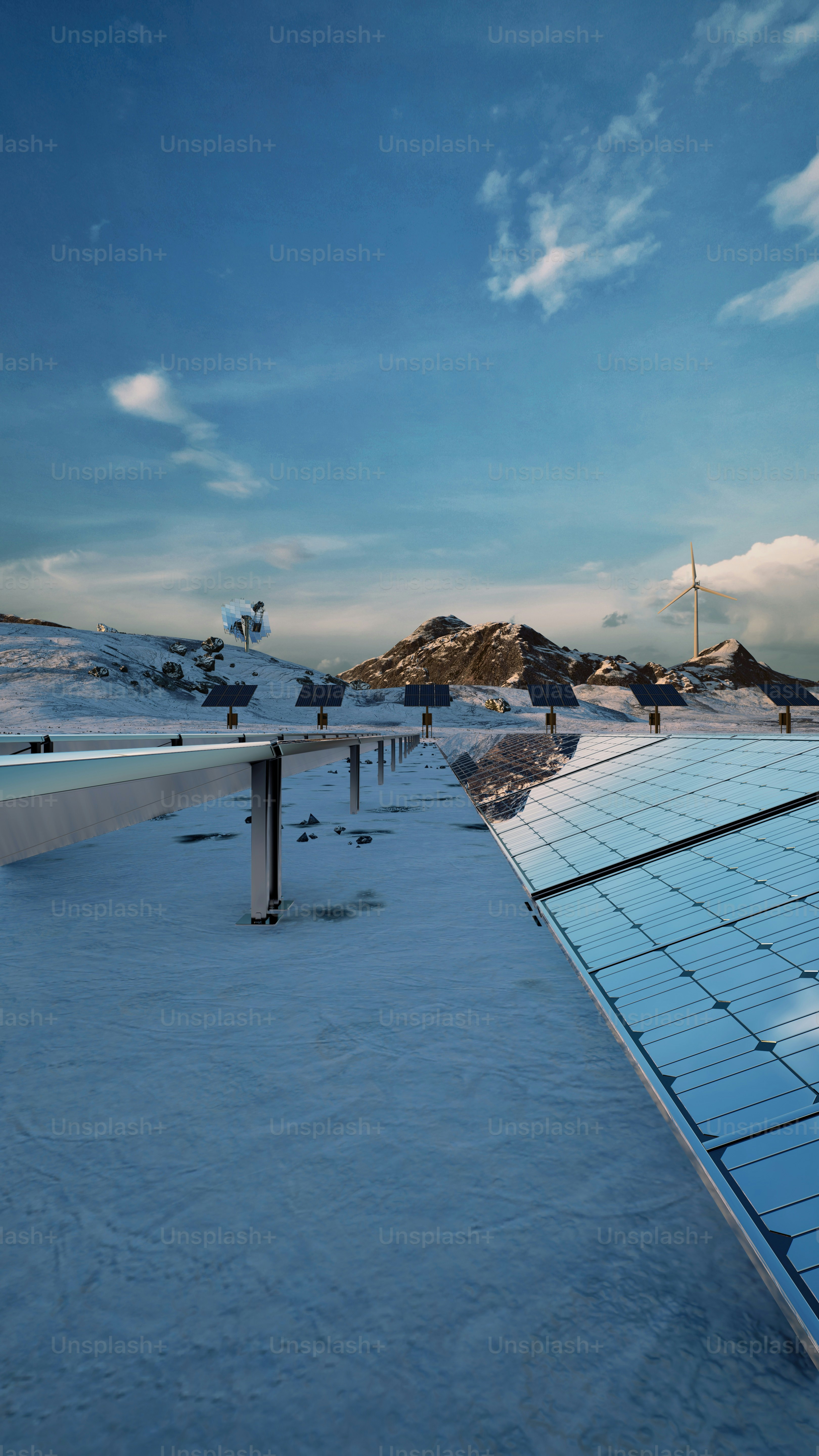 a snow covered field with a bench and a sky background