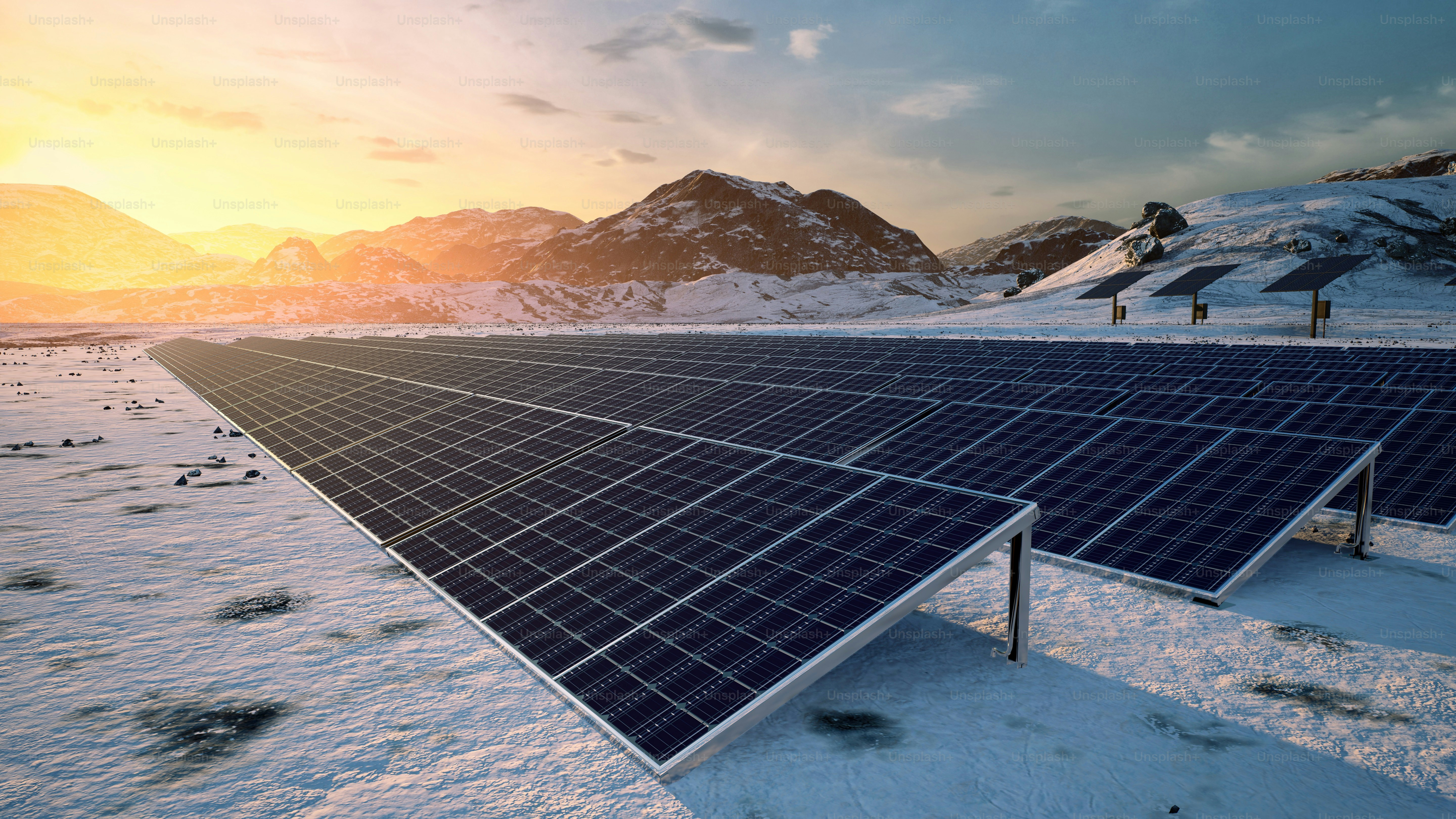 A group of solar panels sitting on top of snow covered ground photo ...
