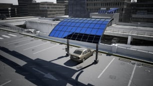 a car parked in a parking lot next to a solar panel