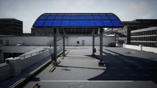 an empty parking lot with a blue roof