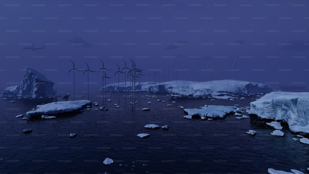 an iceberg floating in the ocean with wind mills in the background