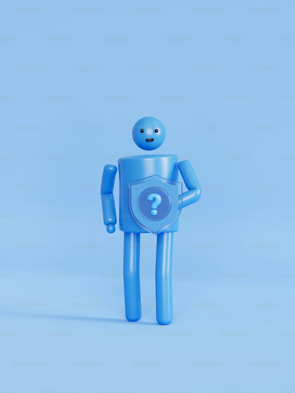 a blue robot with a question mark on its chest