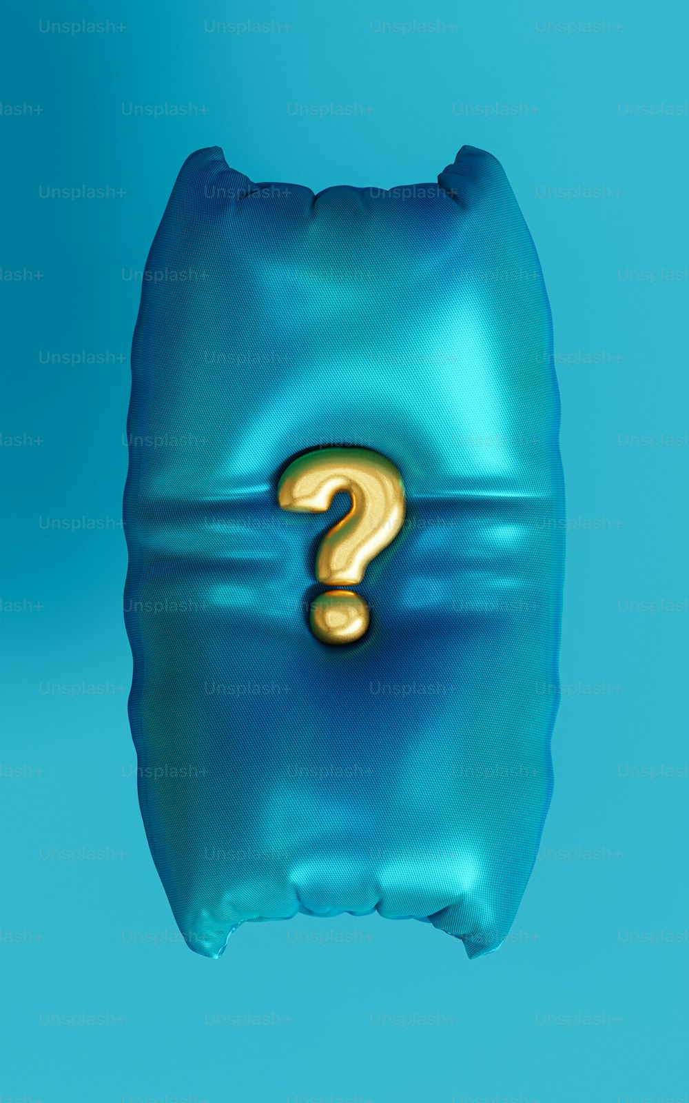 una bolsa azul con un signo de interrogación
