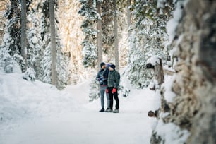 two people standing in the middle of a snowy forest