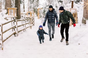 dois adultos e uma criança andando na neve