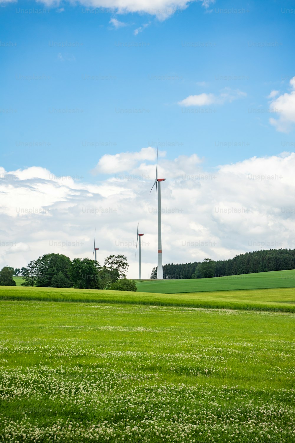 a green field with a wind turbine in the background