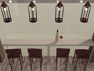 une table avec une bouteille de vin et des chaises