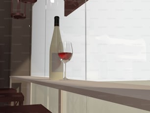 uma garrafa de vinho e um copo em um balcão