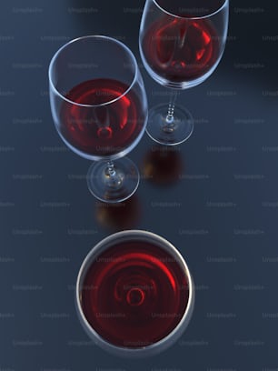 two glasses of red wine on a table