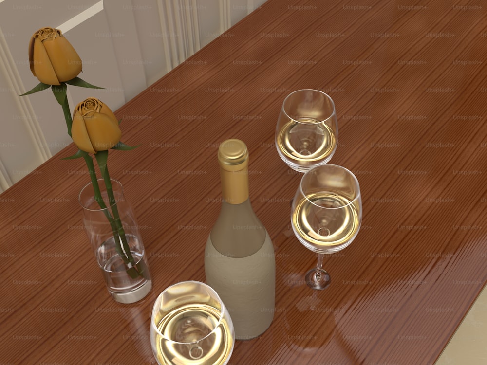 テーブルの上にワイン3杯とワイン1本
