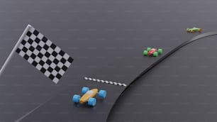 a race track with cars and a checkered flag
